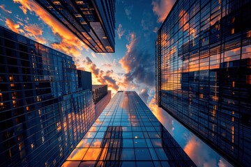 Skyward View of Modern Skyscrapers at Sunset