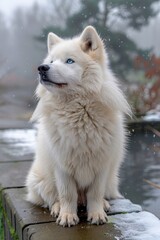 Obraz premium Wolf portrait white half with blue eyes, black half with red eyes for striking contrast