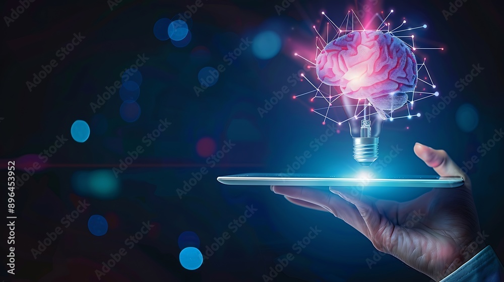 Fototapete Hand holding tablet with bulb for Artificial Intelligence or AI brain analysis informationTechnology and science conceptmachine learning systemHitech and futuristic world : Generative AI