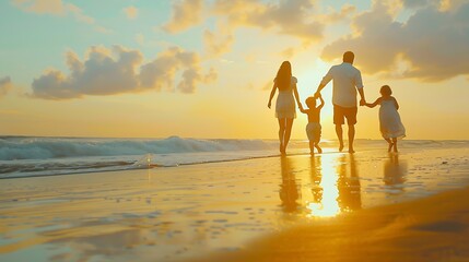 Family parents and children holding hands on beach trip for holiday fun vacation and adventure with love Couple man and woman and kids on seashore walking with sunset for summer break  : Generative AI