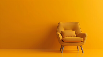 A cozy armchair on a mustard yellow background.


