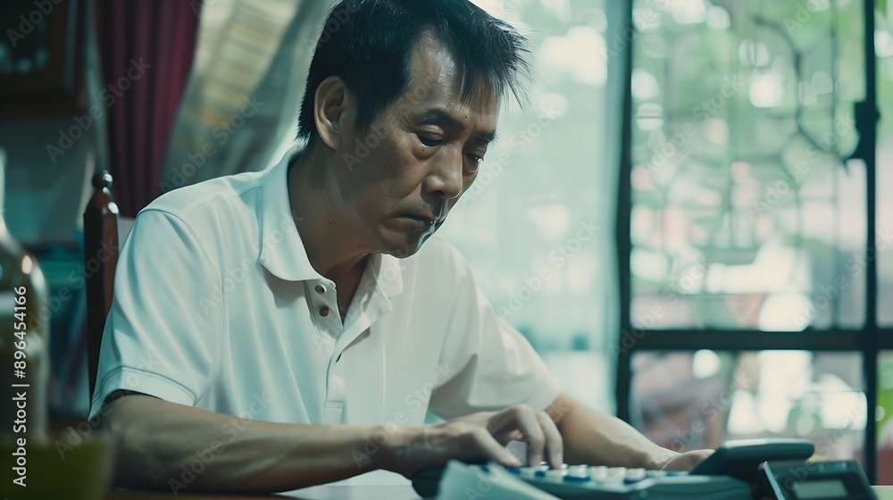 Poster asian man is using a calculator to calculate his familys monthly miscellaneous expenses at his home 
