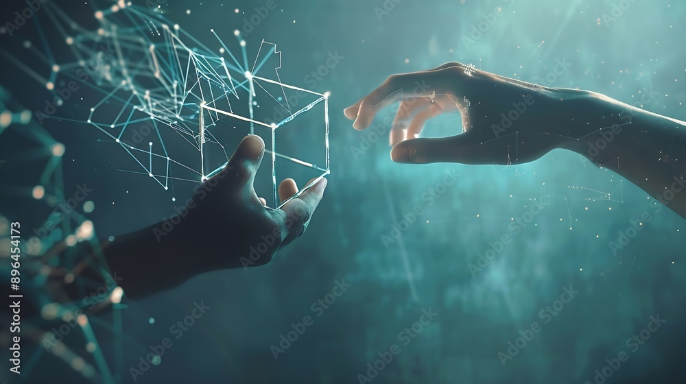 Leinwandbilder Ai technology Machine learning Chatbot Hands of robot and human Data exchange on abstract cube network connection Deep learning Innovative Business and artificial intelligence technolo : Generative AI