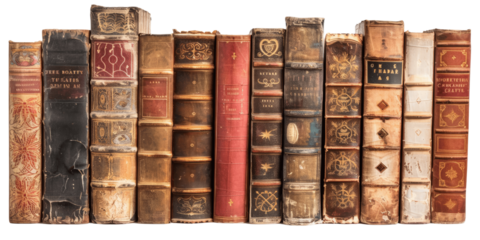 Ancient old books arranged in a row isolated in a transparent background. Cut out or PNG.