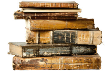 Ancient old books arranged in stacks isolated in a transparent background. Cut out or PNG.