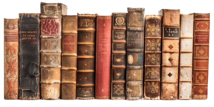 Ancient old books arranged in a row isolated in a transparent background. Cut out or PNG.