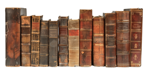 Ancient old books arranged in a row isolated in a transparent background. Cut out or PNG.