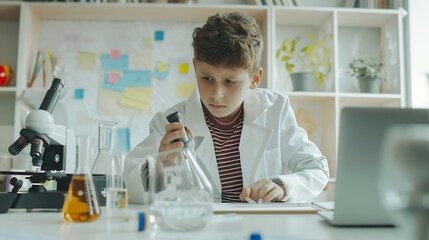 Students learning in science classroom Focused young boy students experiment with chemicals using flasks and test tubes with microscope and laptop on clean white desk in classroom : Generative AI