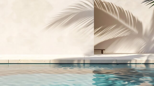 Tropical summer background with plaster wall pool water and palm shadow Luxury hotel resort poolside scene mockup template Beach vacation holiday house with neutral architecture aesthe : Generative AI
