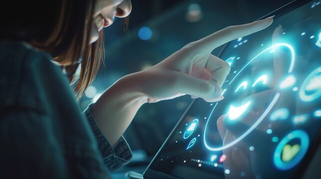 Businesswoman pressing face emoticon on virtual touch screen at digital tablet Customer service evaluation concept : Generative AI