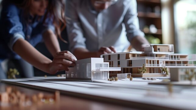 Close up of man and women analyzing building model to plan construction design and structure People looking at maquette layout to work on architectural development and urban project : Generative AI