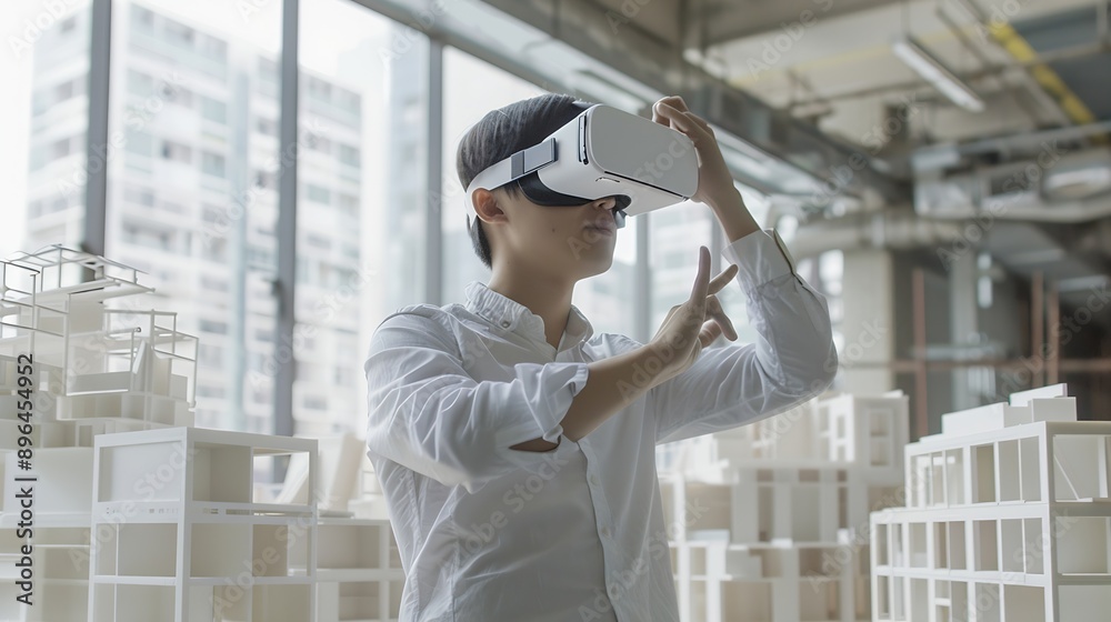 Poster Asian man Architect or Engineer wearing VR headset for working design 3D architectural building model with BIM technology and virtual reality technology Concept futuristic design : Generative AI