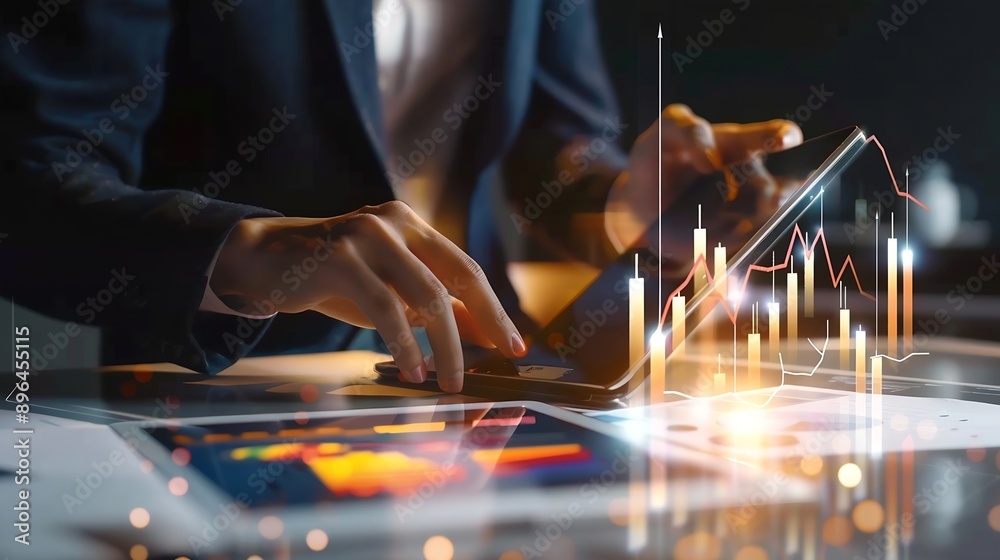 Leinwandbilder Business 2025 analytics tools charts and graphs with statistics to analyze business potential and forecast future development of companies growth Businessman using a tablet : Generative AI