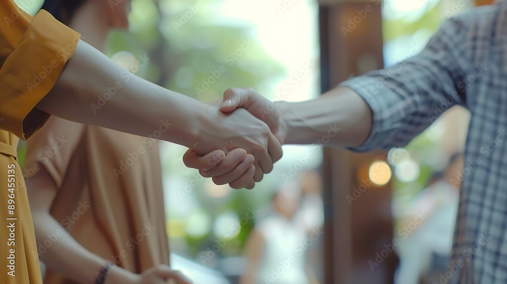 Poster business people teamwork and shaking hands for meeting collaboration success or startup in office wo