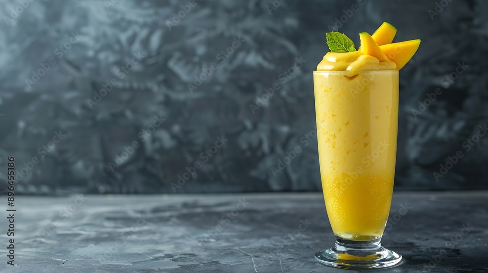 Poster lassi mango traditional indian drink gray background refreshing milkshake side view selective focus 
