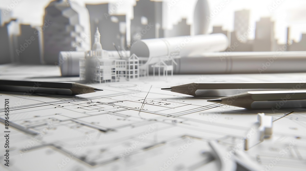 Aufkleber Architects concept engineer architect designer freelance work on startup project drawing construction plan architect design working drawing sketch plans blueprints and making construct : Generative AI