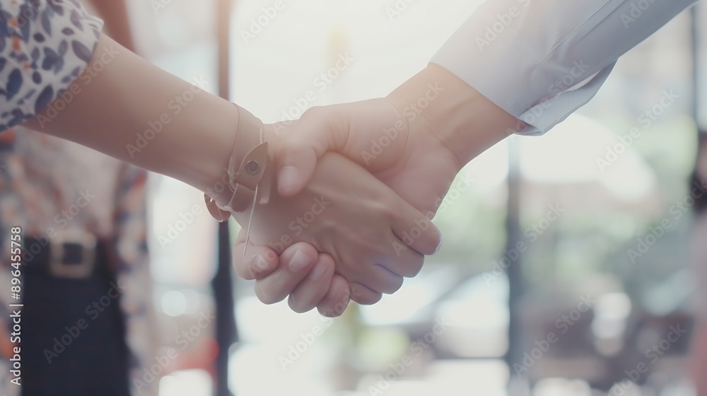 Aufkleber Trust handshake and business people in office for deal welcome or onboarding for b2b collaboration Partnership teamwork and shaking hands for agreement consulting or introduction in me : Generative AI