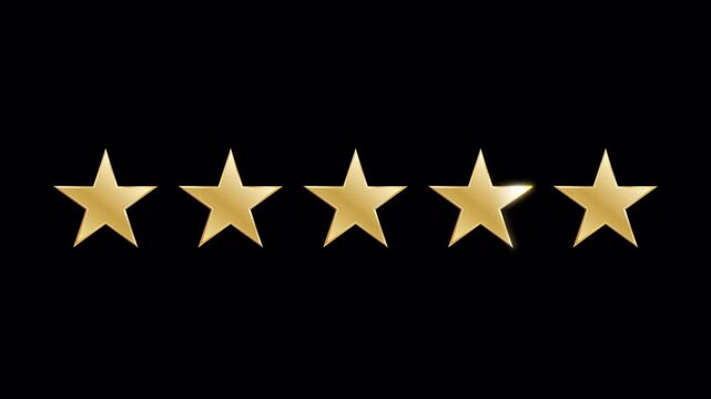 Five golden stars rating animation on transparent background. Star rating on alpha channel