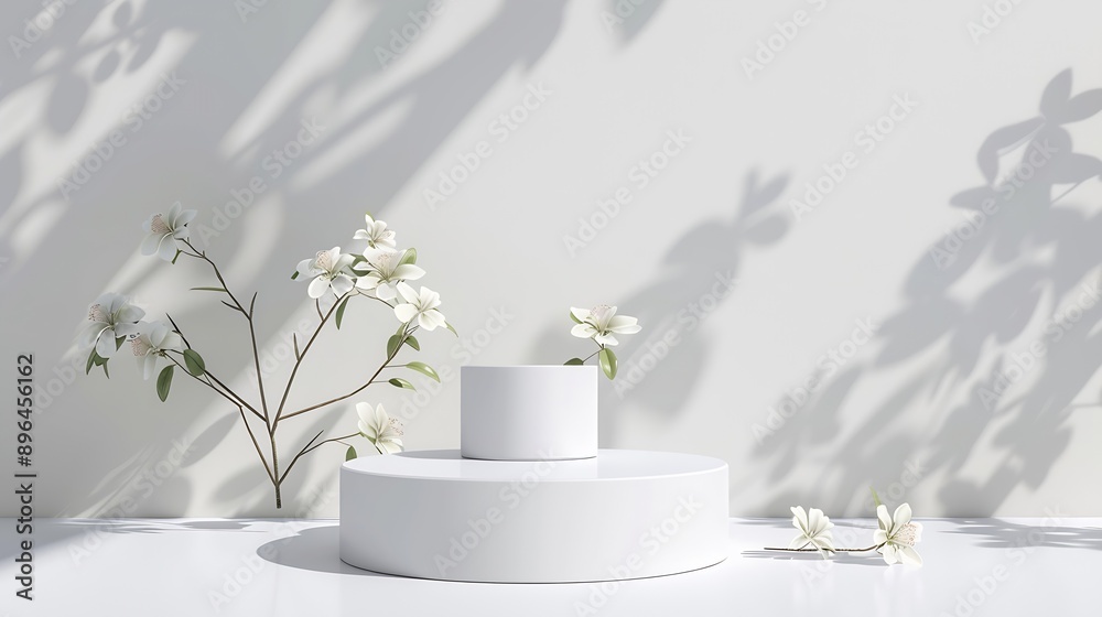 Poster abstract minimal scene with geometrical form cylinder podium on white background with floral shadow 