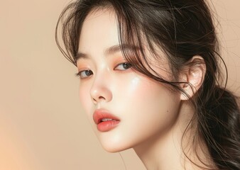 Fototapeta premium Asian woman with Korean makeup long hair flawless skin isolated on beige background Facial treatment cosmetology spa aesthetic plastic surgery