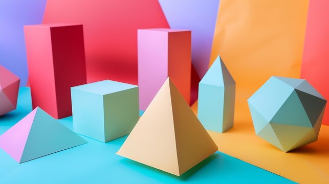 Colorful abstract geometric background with threedimensional solid figures Pyramid Dodecahedron prism rectangular cube arranged on colored paper : Generative AI