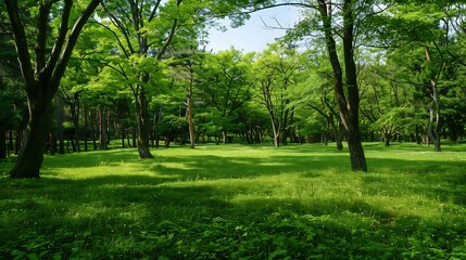 Mizumoto Park scenery with grassland and forest in early summer : Generative AI