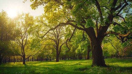Obraz premium deciduous trees in the park on a sunny day trees growing in the park in spring : Generative AI