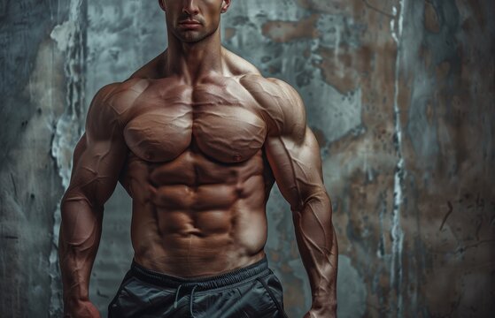Attractive male body builder s torso on gray background