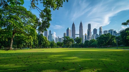 Naklejka premium Scenic Kuala Lumpur skyline Amazing view of a green city park in Kuala Lumpur Malaysia Highrise buildings are visible on blue sky background Kuala Lumpur is a popular tourist destinati : Generative AI