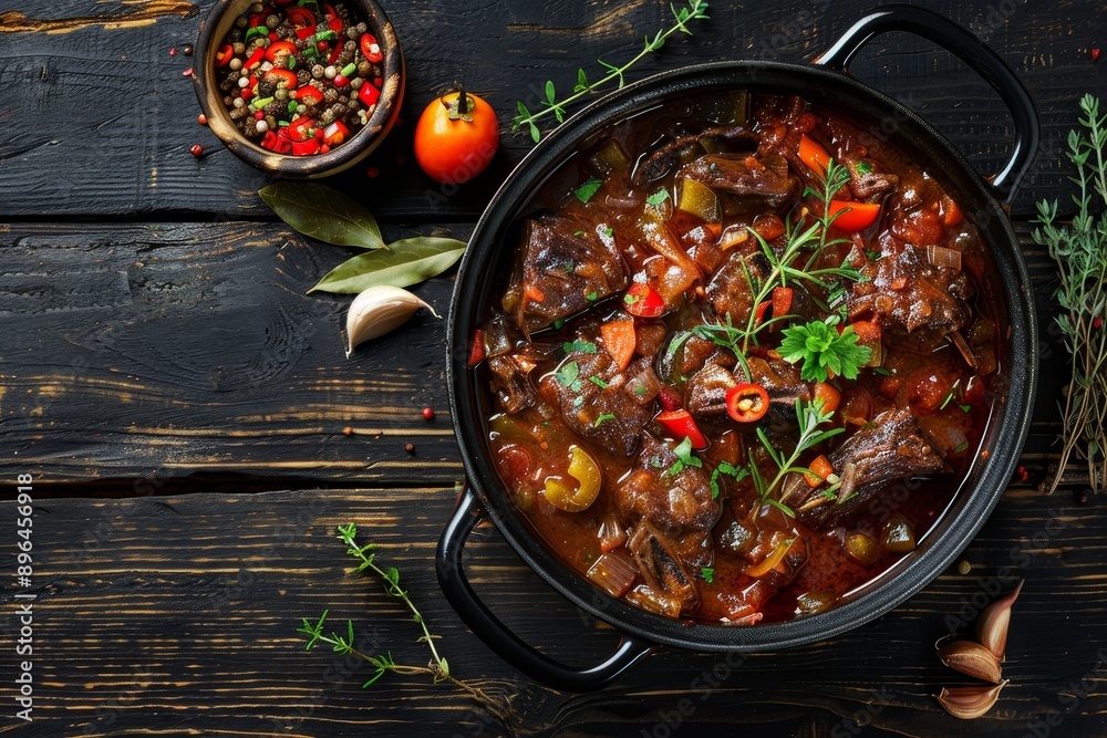 Poster authentic spanish oxtail stew with vegetables herbs and spices cooked in a pot on a wooden table