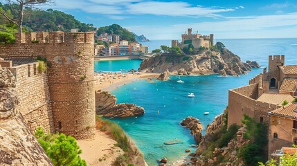 Tossa de Mar town on Costa Brava Mediterranean coast in Catalonia Spain Beautiful beach with turquoise color water and Tossa de Mar fortress during summer in Catalonia : Generative AI