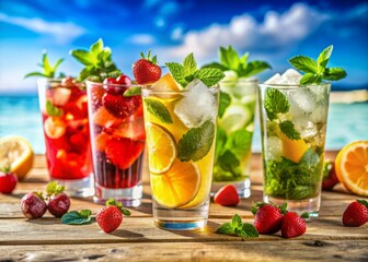 Vibrant summer refreshments abound in this close-up of colorful non-alcoholic drinks featuring fresh fruits, mint, ice, and sparkling water at a beach bar setting.