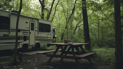 Travel trailer camping in the woods at Mississippi Palisades State Park Illinois : Generative AI