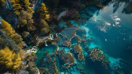Fototapeta premium Jiuzhaigou once logged extensively is now Chinas top park safeguarding 278 sq mi of UNcalled most diverse temperate forest It hosts 118 lakes incl Five Colored PondLocated in SichuanCh : Generative AI