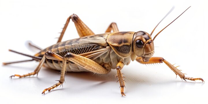 Isolated house cricket with brown and tan stripes on its body, antennae, and wings, perched on a clean white background, looking directly at the camera.