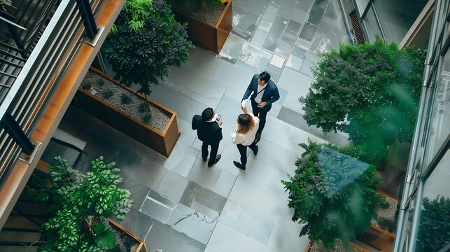 View from above business people talking in architectural modern office atrium courtyard : Generative AI