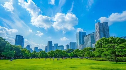 Fototapeta premium A view of the city with skyscrapers a park and people walking against the blue sky Tokyo : Generative AI