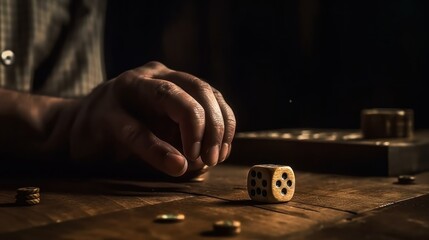Close-up of a Hand Rolling a Die on a Wooden Table