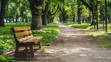 Tranquil wooden bench along the path of a city park  Grove of mature deciduous trees with green lawn make it a magical place to rest : Generative AI