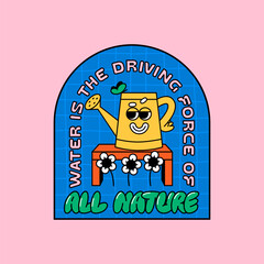 Funny Watering Can Character in Garden. Retro Illustration of Smiling Can. Character in Groovy Vintage Style. Garden, Gardener and Gardening Vector Stickers