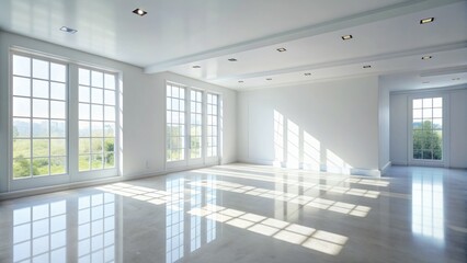 Fototapeta premium Bright and airy large empty room with white interior and minimalist design illuminated by natural light casting intriguing shadow play on walls.