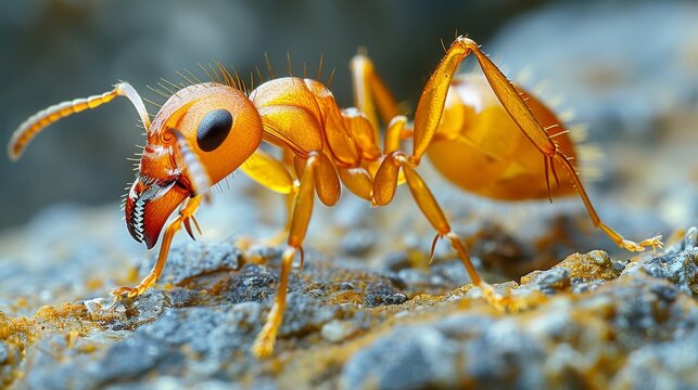 Detailed close up view of a vibrant red ant crawling on a textured natural surface