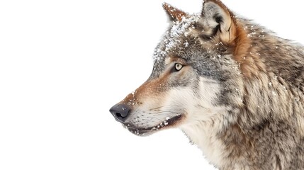 Fototapeta premium portrait of a gray wolf with snowflakes on the muzzle isolated on white background : Generative AI