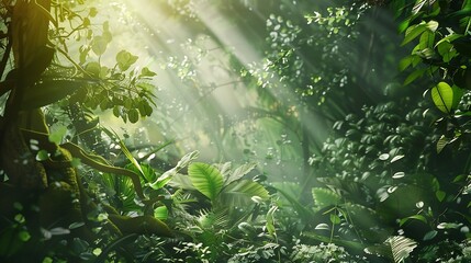 Fresh green miscellaneous forest with sunbeams : Generative AI