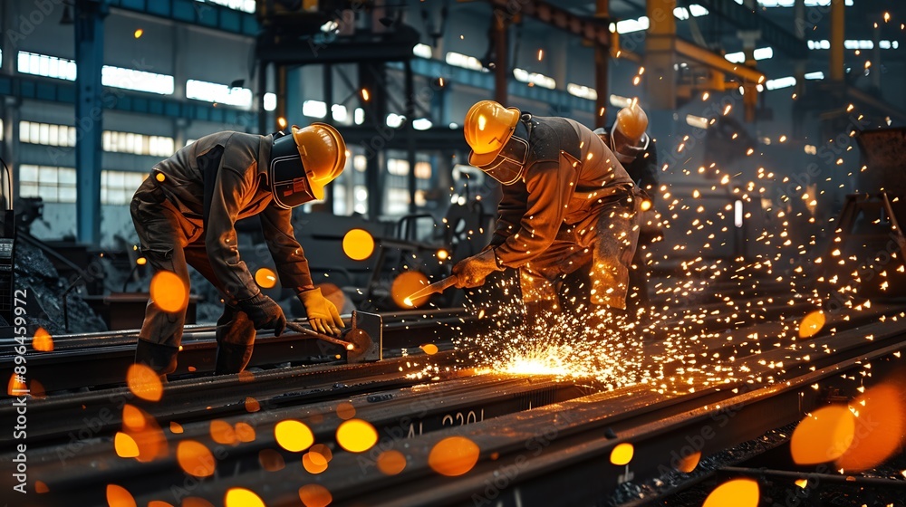 Poster workers in a shed, doing heavy work with lots of steel, sparks and heavy tools : generative ai