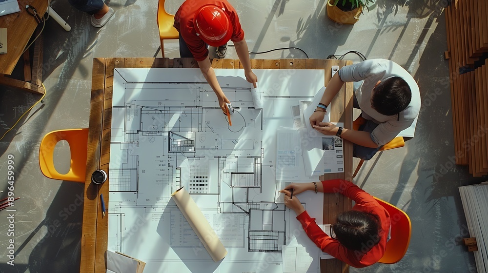 Fototapete top down aerial view of architect engineer team shake hands and discussing about building constructi