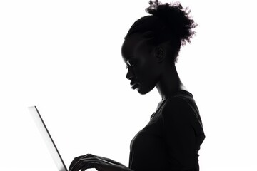 Black woman using laptop PC in studio silhouette profile