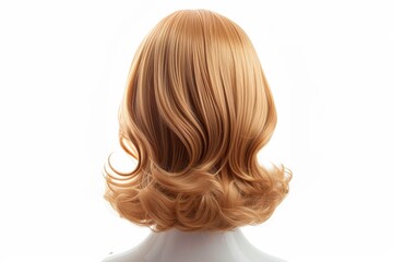 Naklejka premium Blonde wig on mannequin head Medium length cut on plastic holder isolated back view