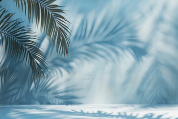 Blurry shadow of palm leaves on a light blue wall Minimal abstract backdrop for showcasing products Spring and summer vibes