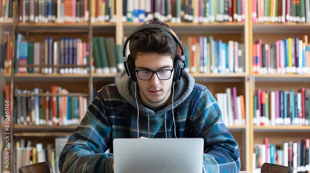 Poster Portrait of a Smart Male Putting On Headphones and Working on a Laptop Computer Young Man Doing a Homework Assignment and Preparing for Political Science Exams in a College Library : Generative AI